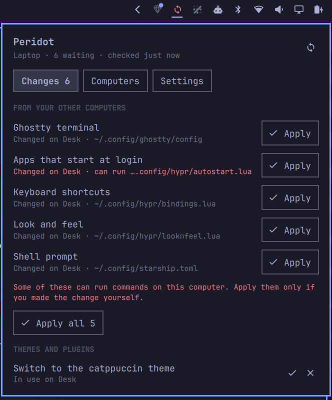 Peridot's panel on a newly paired laptop, offering the desk's settings